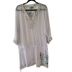 CZ Cover-Ups White Embroidered Sequin V-Neck Sheer Tunic Beach Cover-Up Boho